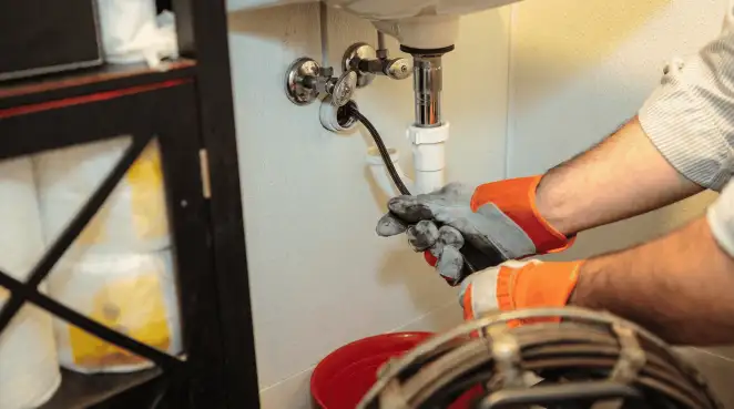 Drain cleaning technician using a motorized plumbing snake to clear a clogged sink pipe in ,
